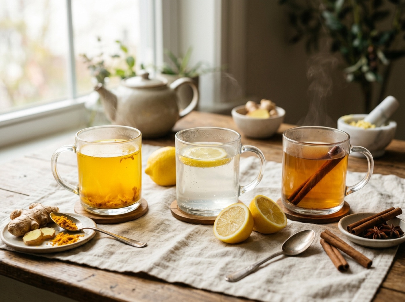 Three glass mugs of morning tea with lemon, ginger and cinnamon