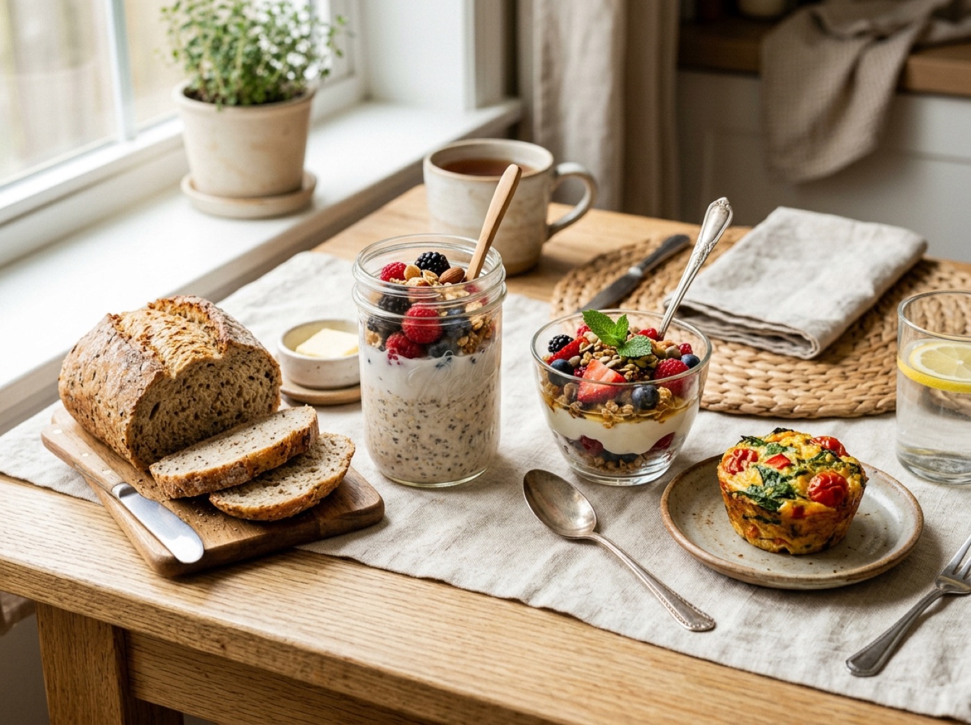 Gut-friendly breakfast spread with oats, seed bread and yogurt