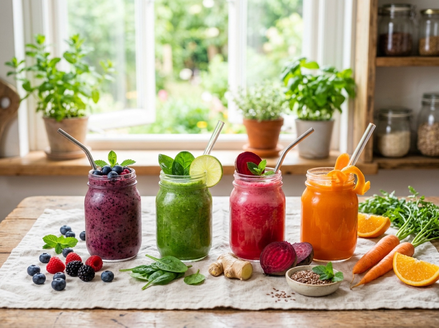 Colorful smoothies and fresh juices in glasses