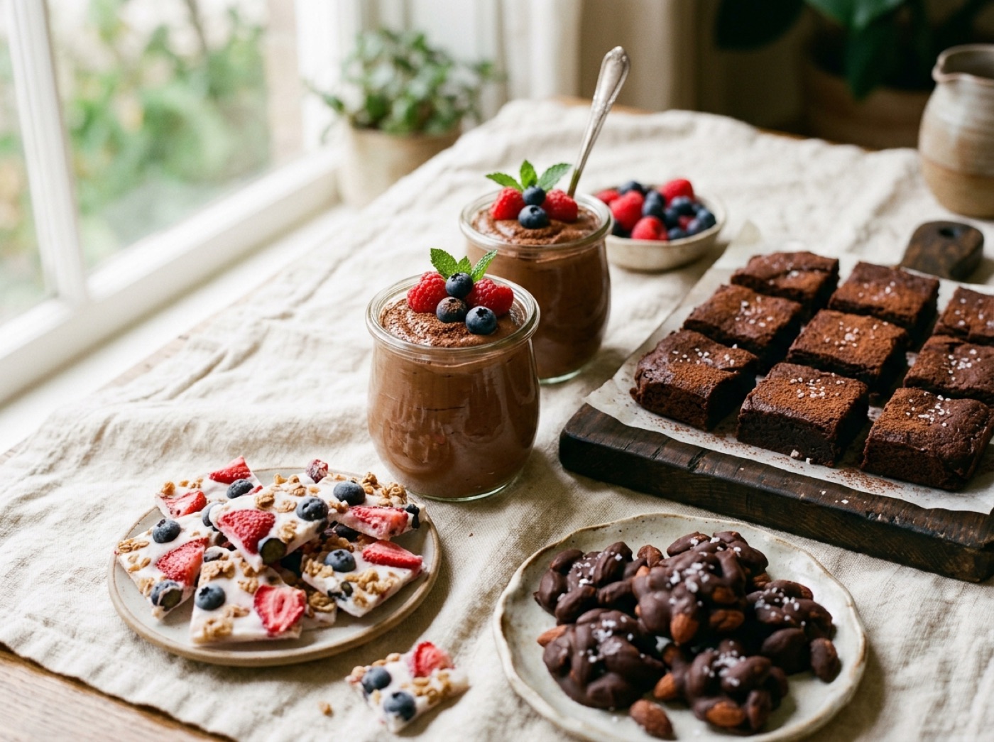 Better-for-you desserts including chocolate mousse and energy bites