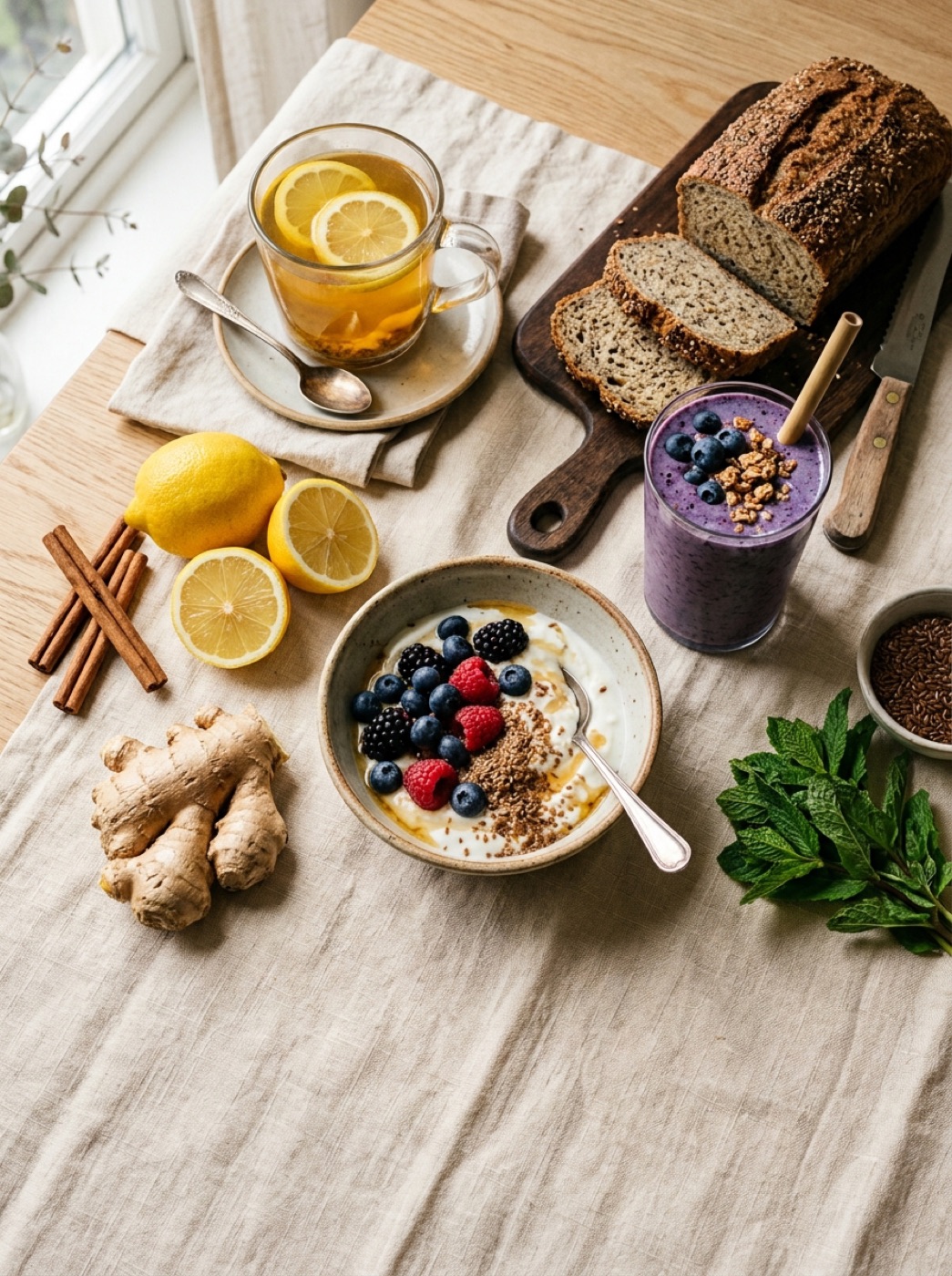Cover of the Daily Remedy Kitchen ebook: tea, seed bread, a yogurt bowl and a smoothie on a linen tablecloth